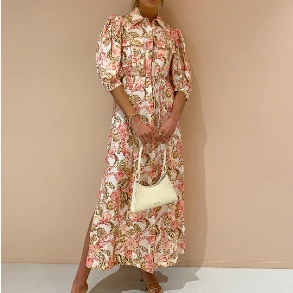 Significant Other Floral Printed Pink Puff Sleeve Midi Dress - Picture 4 of 10